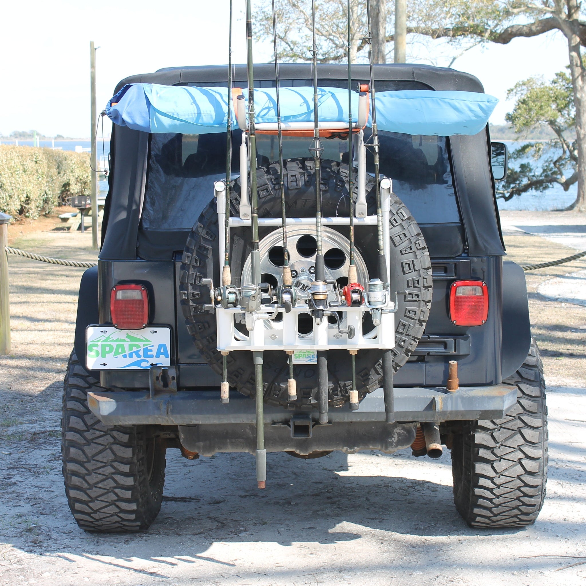 TJ / YJ 2 Chair & Fishing Rack (FR-4) Combo 255/75R17 / Stock Spare tire Carrier / Soft Top