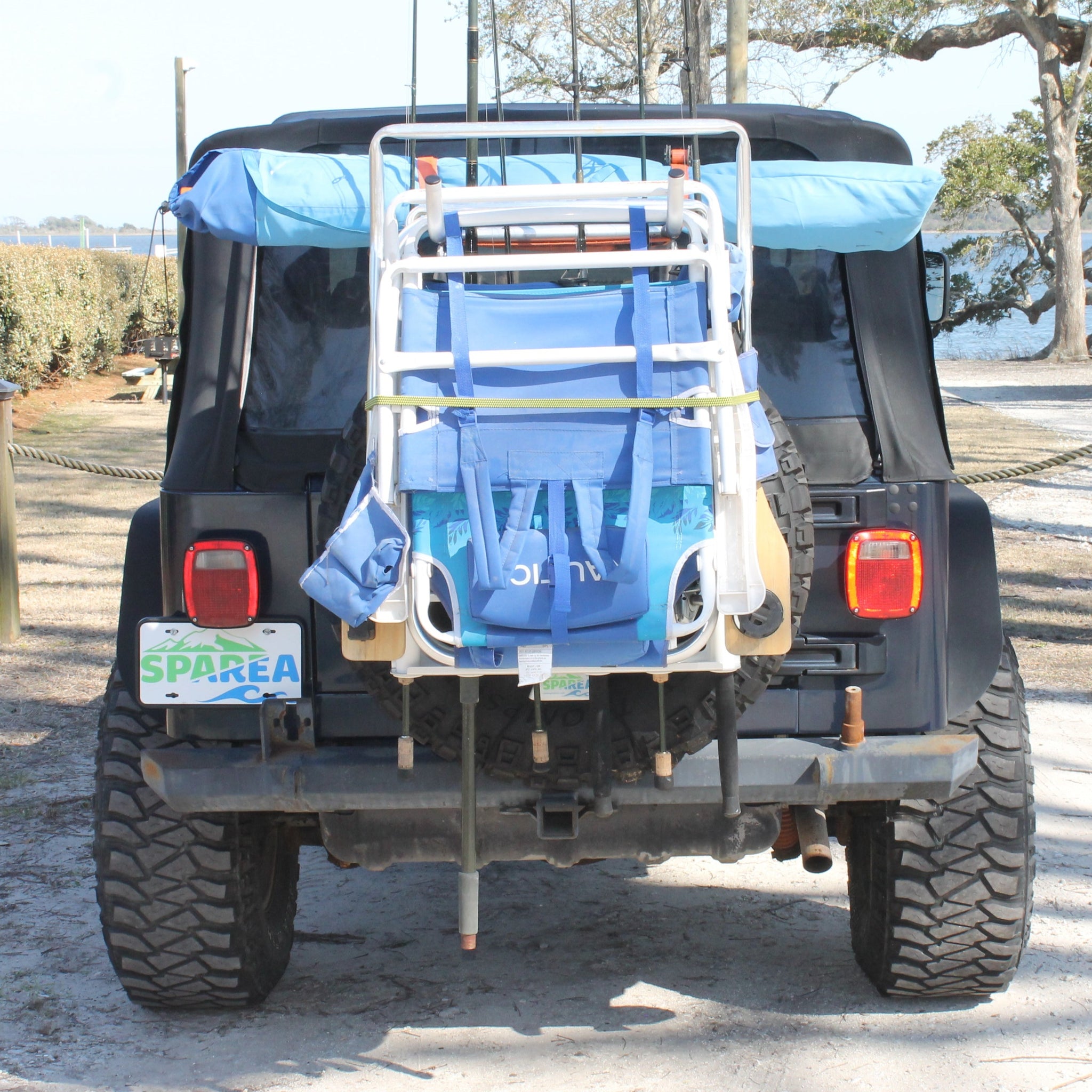 TJ / YJ 2 Chair & Fishing Rack (FR-4) Combo 255/75R17 / Stock Spare tire Carrier / Soft Top